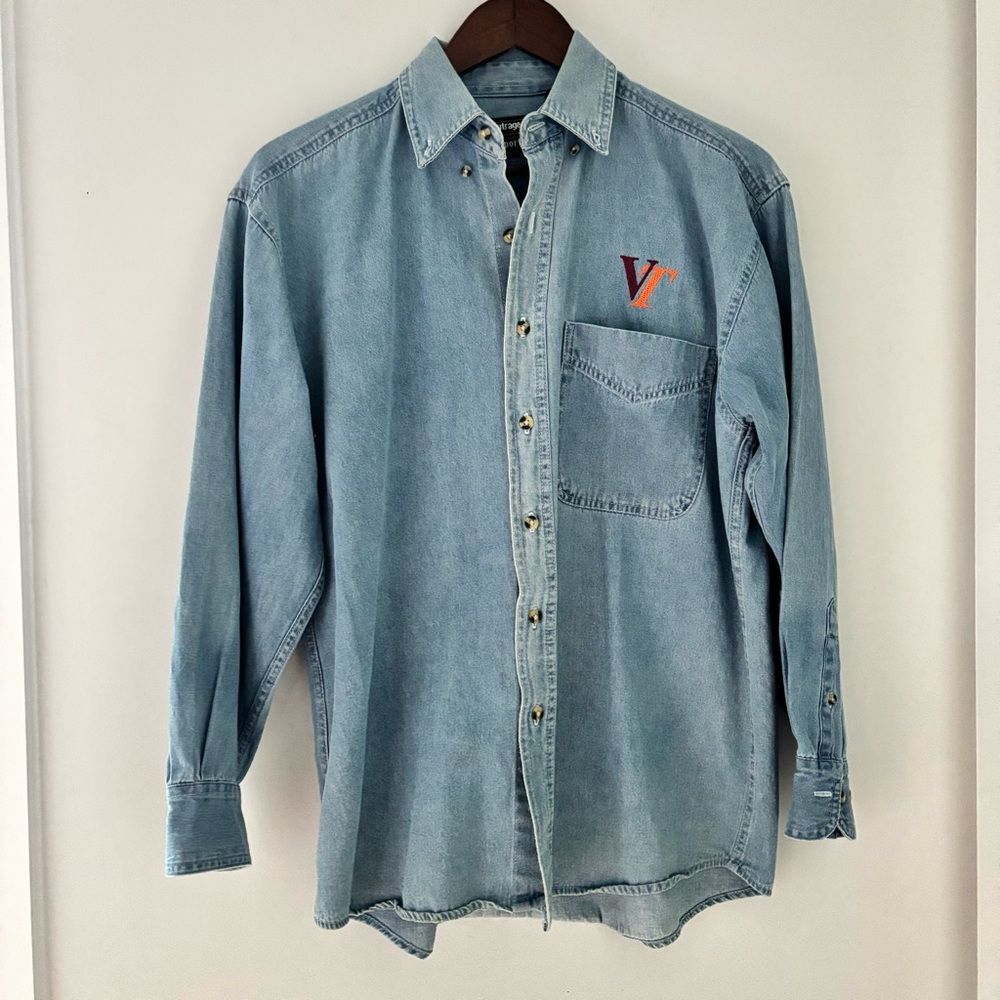 Vintage Denim Button-Down Shirt VT Logo | Classic Casual Size Small Unisex